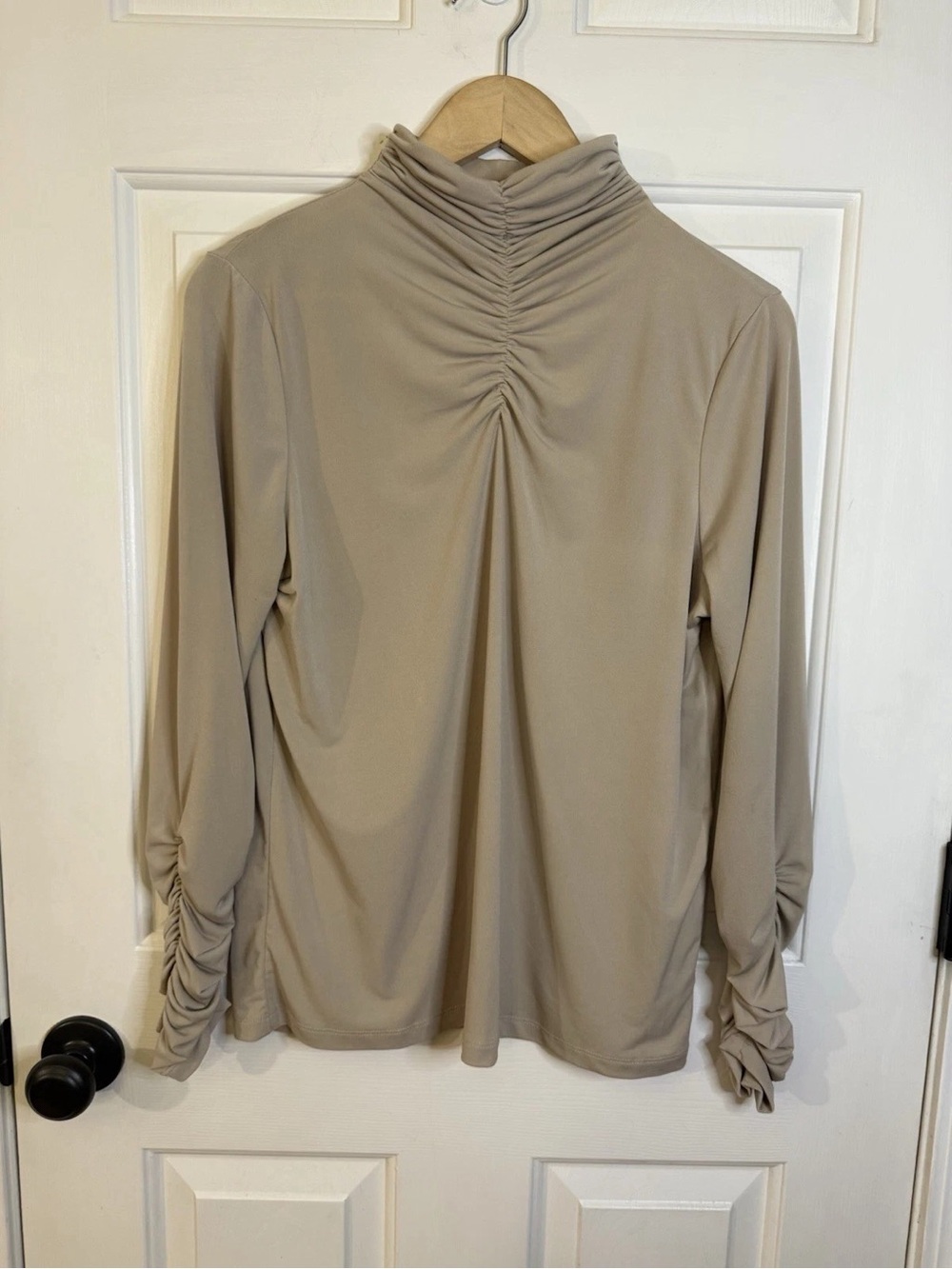 Susan Graver Ruched Mock Neck Long-Sleeve Top - Beige